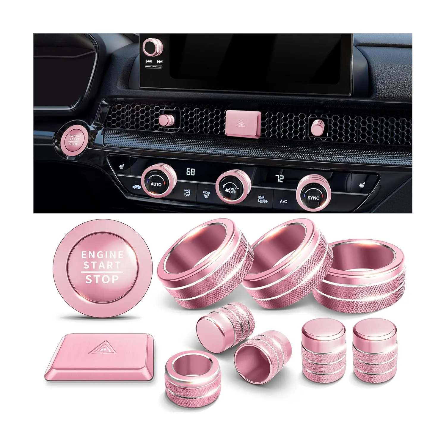 for Honda Civic Accessories 2025 2024 2023 2022, for CRV 2025 2024 2023, for Acura Integra 2025 2024 2023- Warning Light, A/C, Air Vent, Radio, Push Start Button Knob Cover/Ring 11pcs (Pink)