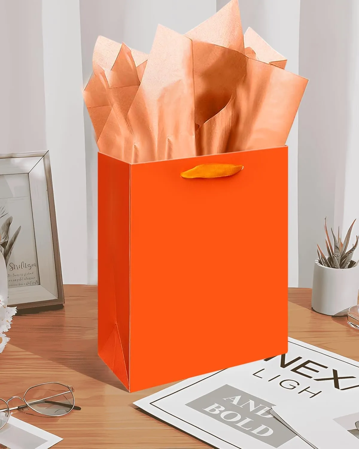 Gcardist Dark Orange Gift Bags with Tissue Paper for Wedding, Birthday, Party Supplies-7.9"x4.3"x9.6" Medium Size Cardboard Gift Bags（16pcs Bags  32pcs Tissue Paper ）