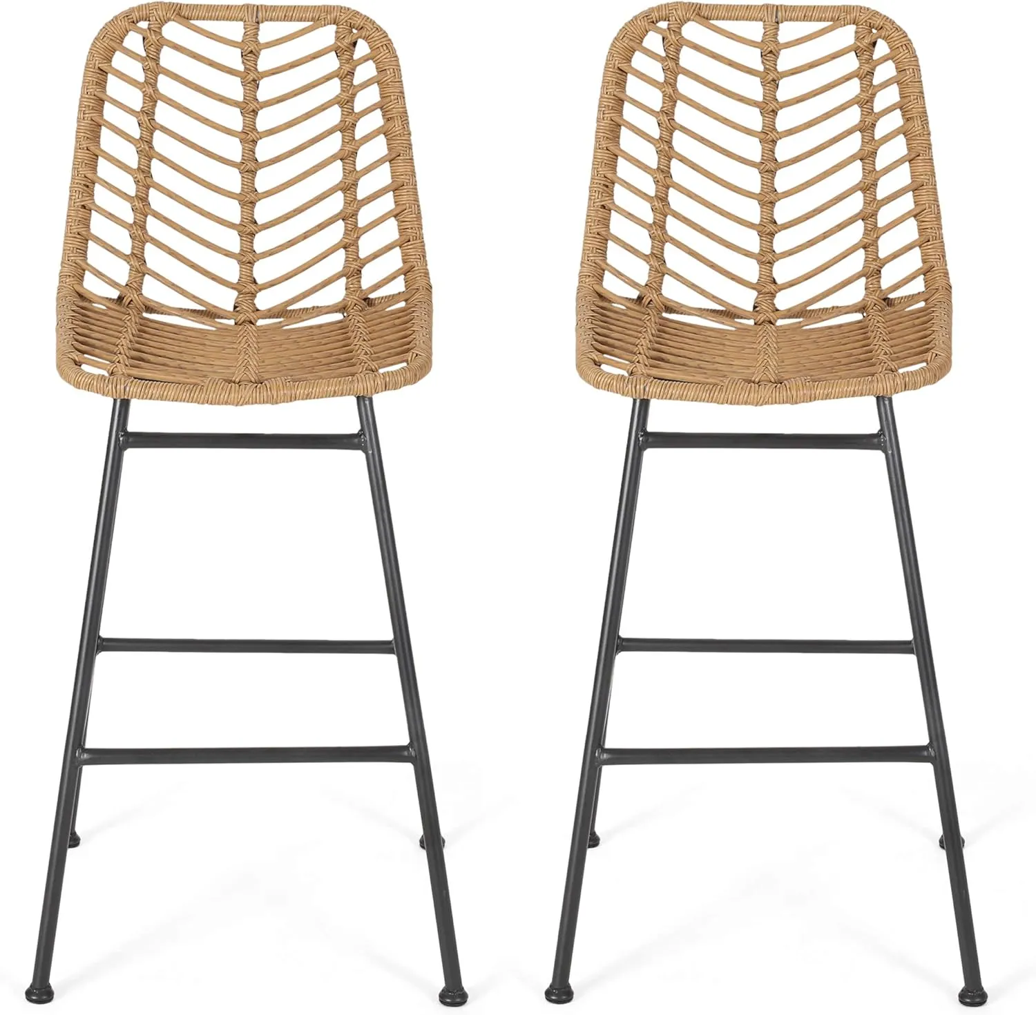GDFStudio Jessie Outdoor Wicker Barstools (Set of 2), Light Brown and Black.