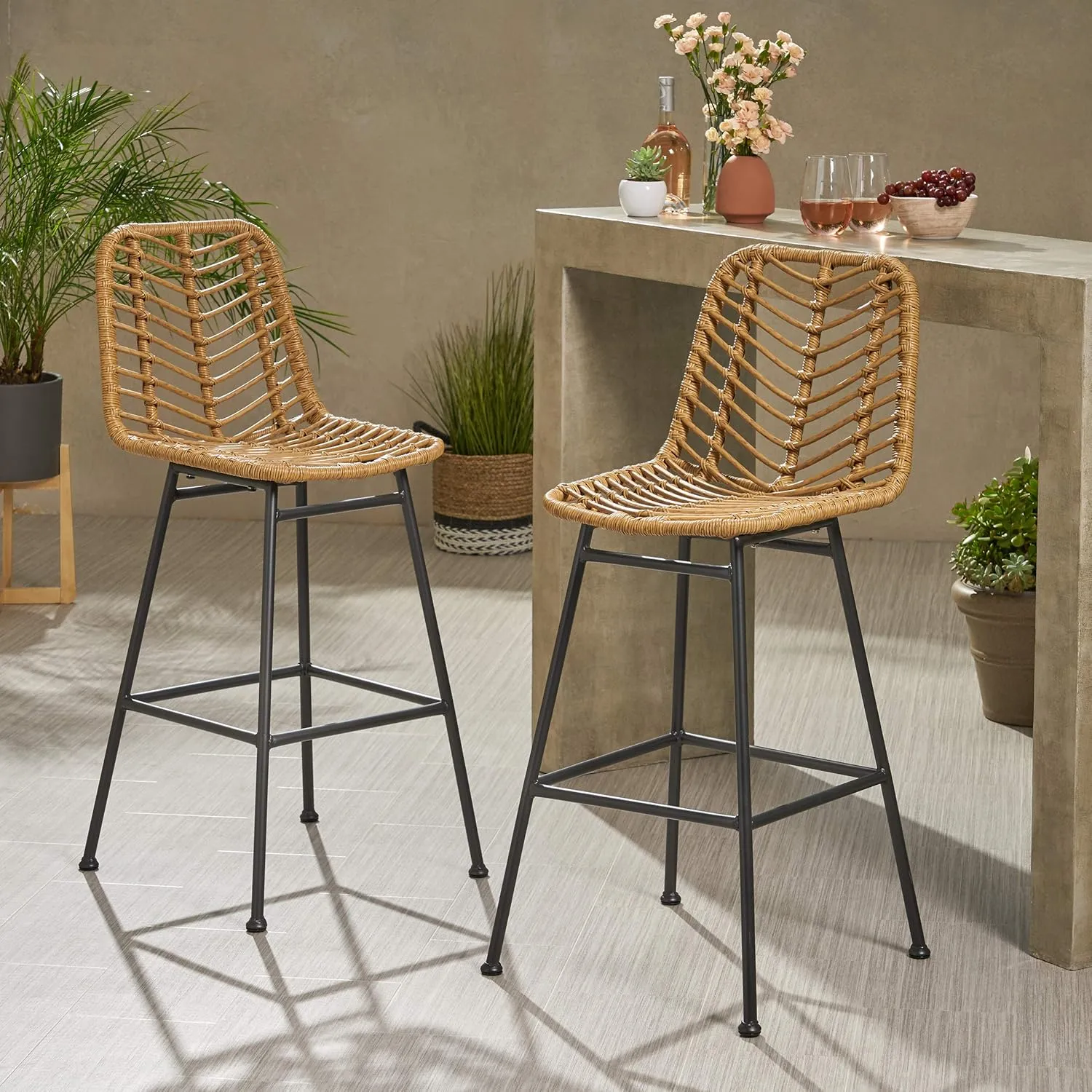 GDFStudio Jessie Outdoor Wicker Barstools (Set of 2), Light Brown and Black.