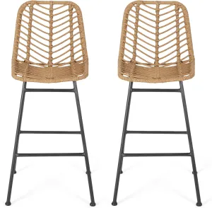 GDFStudio Jessie Outdoor Wicker Barstools (Set of 2), Light Brown and Black.
