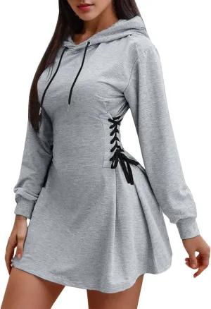 Generic Women's Hoodie Dress Drawstring Long Sleeve Side Lace Up Bodycon Tunic Sweatshirt Dress