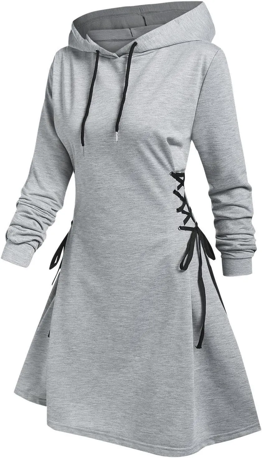 Generic Women's Hoodie Dress Drawstring Long Sleeve Side Lace Up Bodycon Tunic Sweatshirt Dress