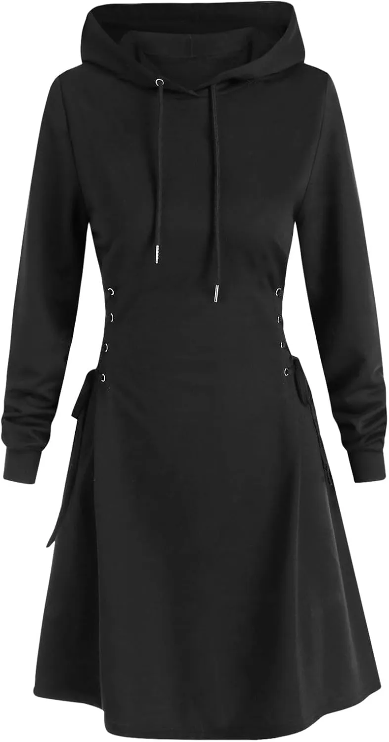 Generic Women's Hoodie Dress Drawstring Long Sleeve Side Lace Up Bodycon Tunic Sweatshirt Dress