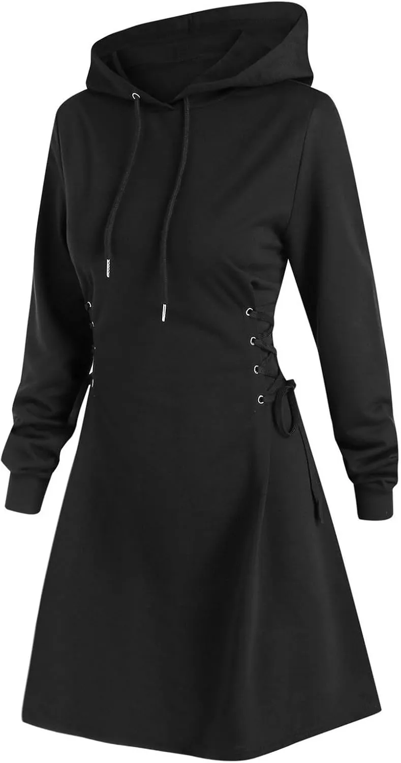 Generic Women's Hoodie Dress Drawstring Long Sleeve Side Lace Up Bodycon Tunic Sweatshirt Dress