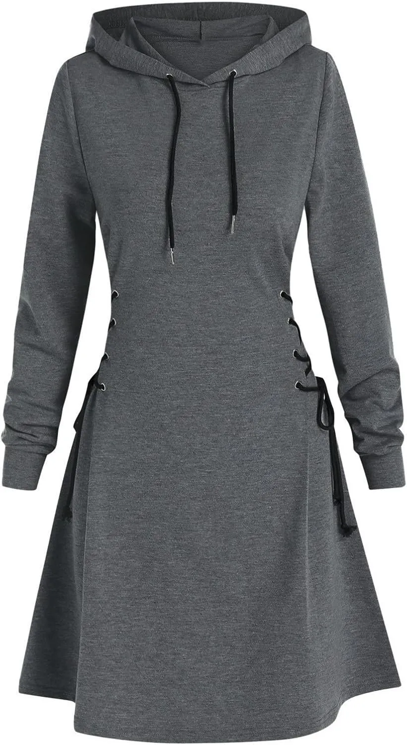 Generic Women's Hoodie Dress Drawstring Long Sleeve Side Lace Up Bodycon Tunic Sweatshirt Dress