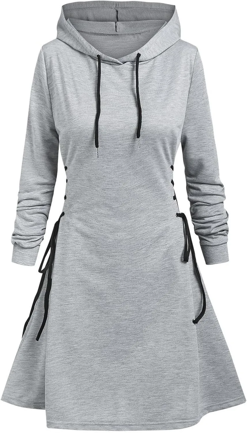 Generic Women's Hoodie Dress Drawstring Long Sleeve Side Lace Up Bodycon Tunic Sweatshirt Dress