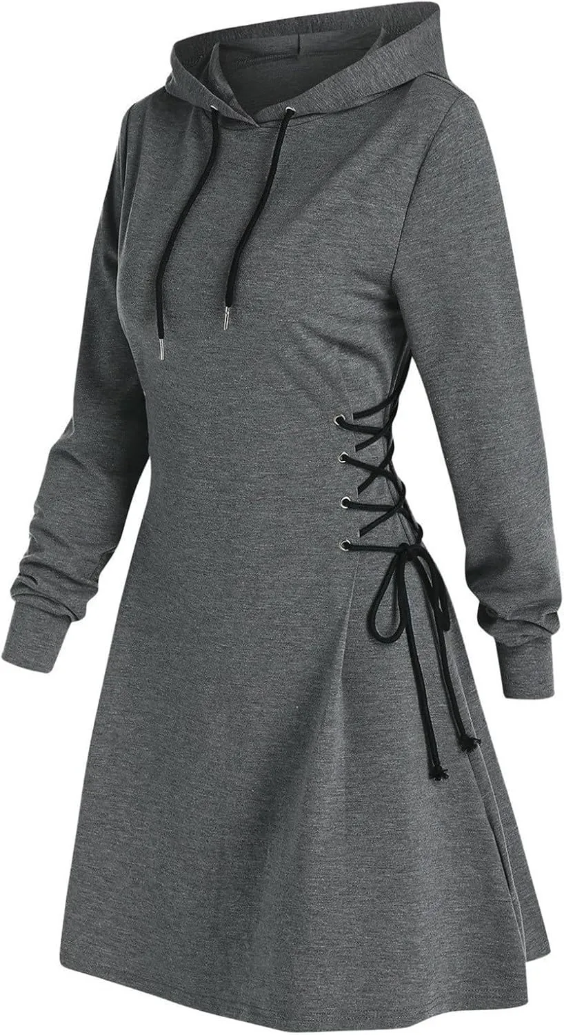 Generic Women's Hoodie Dress Drawstring Long Sleeve Side Lace Up Bodycon Tunic Sweatshirt Dress
