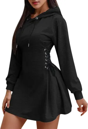 Generic Women's Hoodie Dress Drawstring Long Sleeve Side Lace Up Bodycon Tunic Sweatshirt Dress
