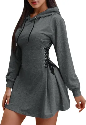 Generic Women's Hoodie Dress Drawstring Long Sleeve Side Lace Up Bodycon Tunic Sweatshirt Dress