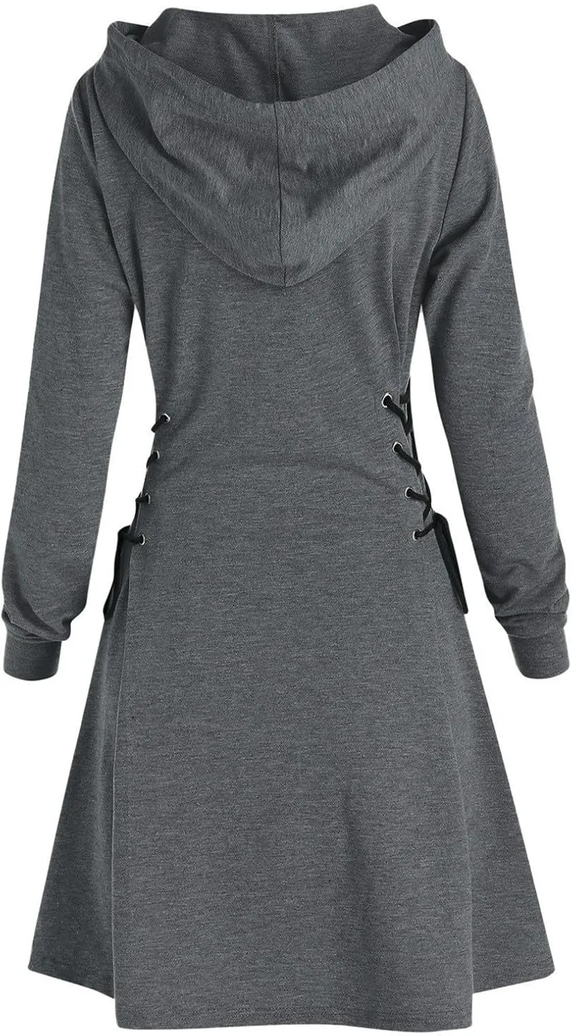 Generic Women's Hoodie Dress Drawstring Long Sleeve Side Lace Up Bodycon Tunic Sweatshirt Dress