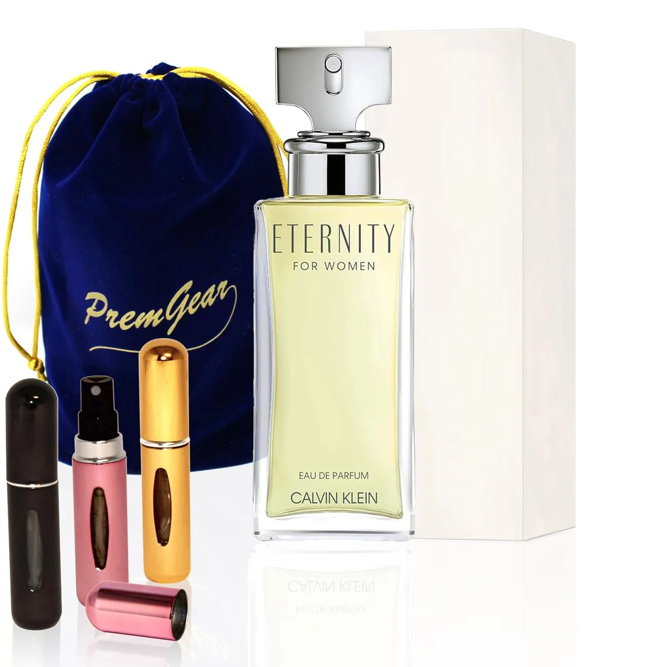 Gift/Travel Bundle for Calvin Klein Eternity Eau de Parfum (Tester), 3.3fl oz / 100 ml - Floral Women's Perfume, with Elegant Velvet Pouch and 3 Refillable Atomizer Spray Bottles