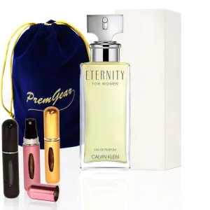 Gift/Travel Bundle for Calvin Klein Eternity Eau de Parfum (Tester), 3.3fl oz / 100 ml - Floral Women's Perfume, with Elegant Velvet Pouch and 3 Refillable Atomizer Spray Bottles