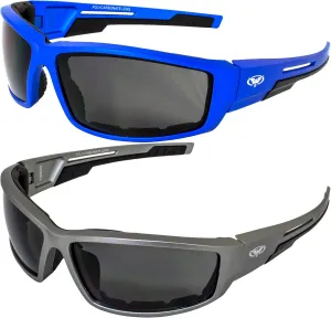 Global Vision Eyewear Sly Padded Motorcycle Sunglasses Riding Glasses 2 Pairs Blue & Grey Metallic Frames Smoke Lenses