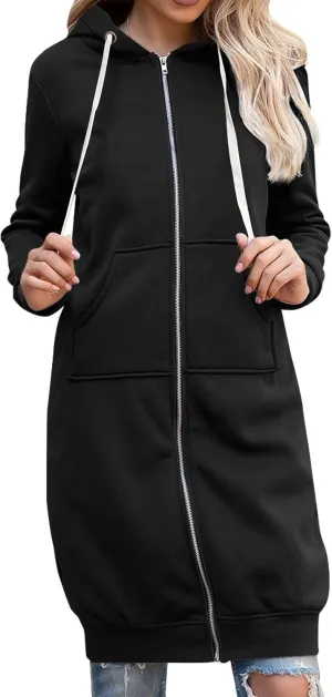 GOFULY Hooded For Women Full Zip Knee Length Tunic Sweatshirt Dresses Fleece Fall Jackets Long Sleeve Solid Clothes Pockets