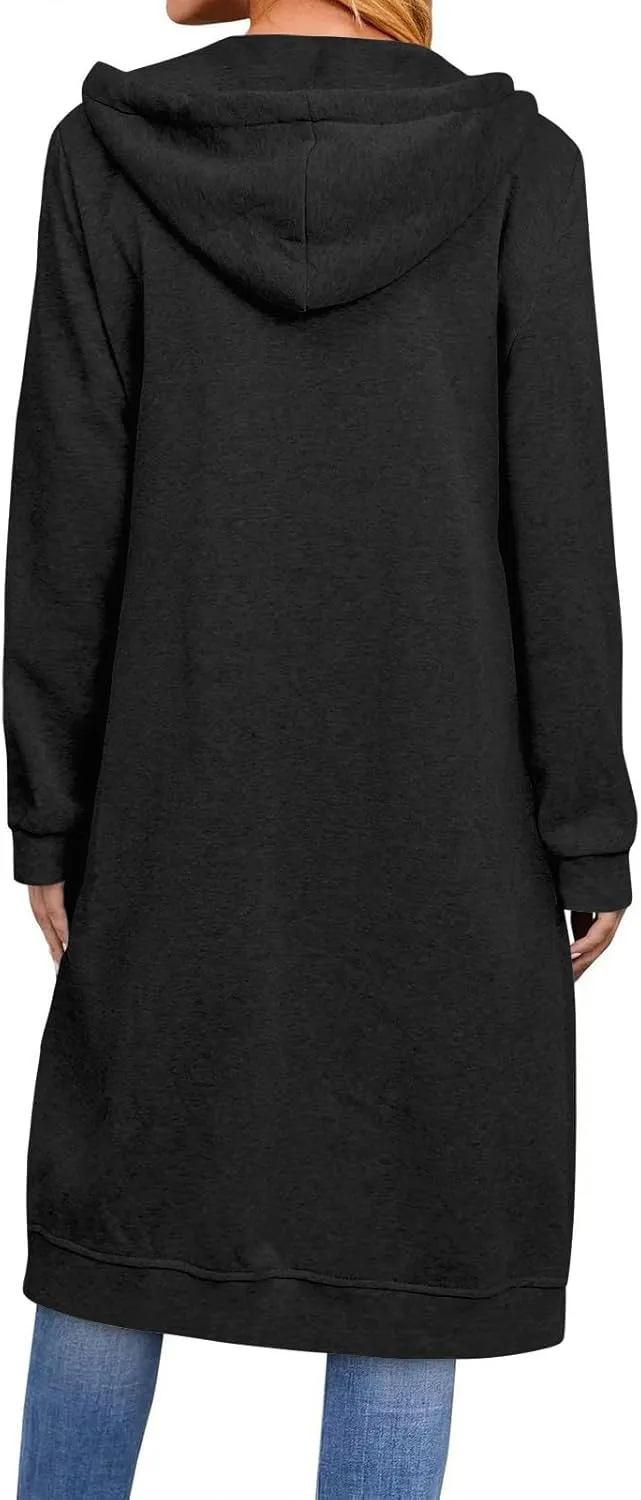 GOFULY Hooded For Women Full Zip Knee Length Tunic Sweatshirt Dresses Fleece Fall Jackets Long Sleeve Solid Clothes Pockets