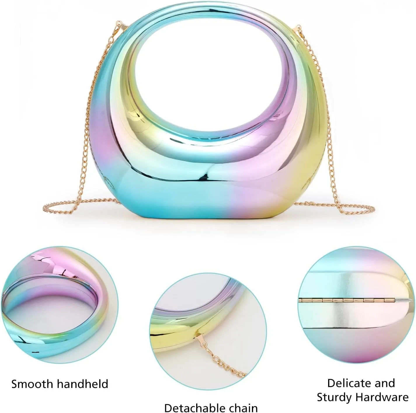 GOKTOW Metallic Moon Shaped Acrylic Hand Purse,Chrome Acrylic Clutch,Unique Evening Bag for Women