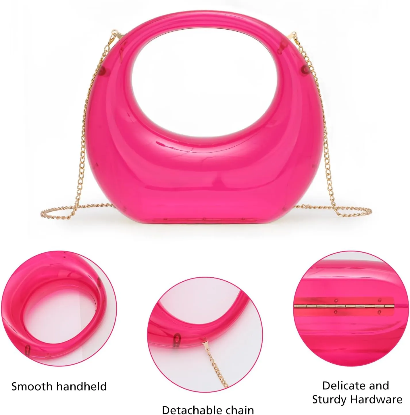 GOKTOW Metallic Moon Shaped Acrylic Hand Purse,Chrome Acrylic Clutch,Unique Evening Bag for Women
