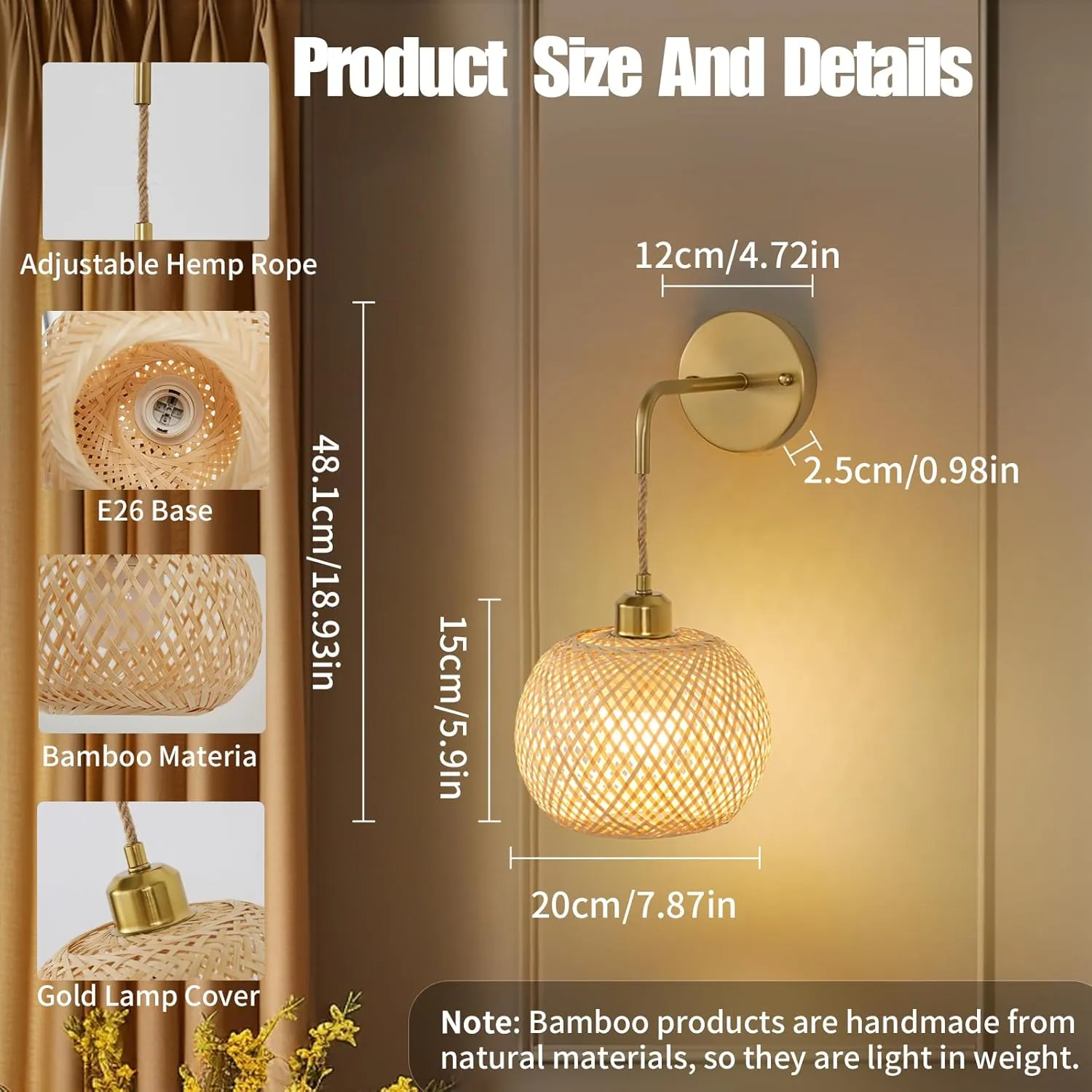 Gold Battery Operated Wall Sconces Set of 2 with Remote, Rechargeable Rattan Battery Powered Wall Lights/Lamps, Wireless Boho Lighting Fixtures for Bedroom Farmhouse, 15 Colors Dimmable
