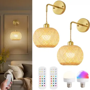 Gold Battery Operated Wall Sconces Set of 2 with Remote, Rechargeable Rattan Battery Powered Wall Lights/Lamps, Wireless Boho Lighting Fixtures for Bedroom Farmhouse, 15 Colors Dimmable