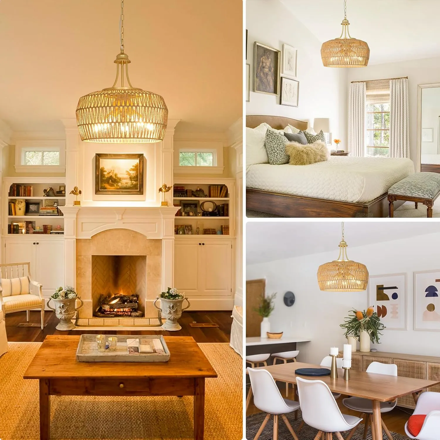Gold Rattan Chandelier for Dining Room, 5-Light Boho Dining Room Light Fixture with Wicker Lampshade, Large Brass Pendant Hanging Light, Farmhouse Kitchen Chandelier for Island Bedroom Living Room