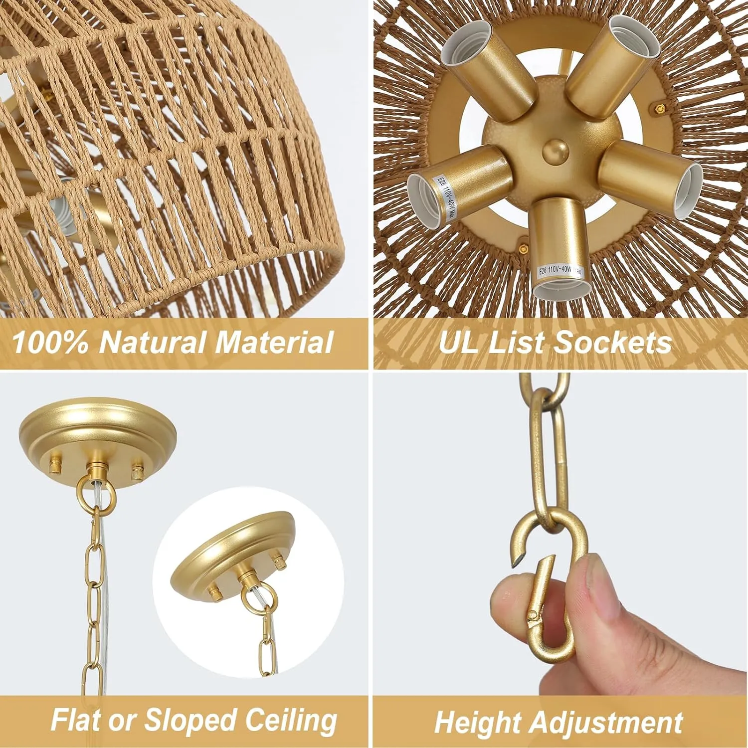 Gold Rattan Chandelier for Dining Room, 5-Light Boho Dining Room Light Fixture with Wicker Lampshade, Large Brass Pendant Hanging Light, Farmhouse Kitchen Chandelier for Island Bedroom Living Room