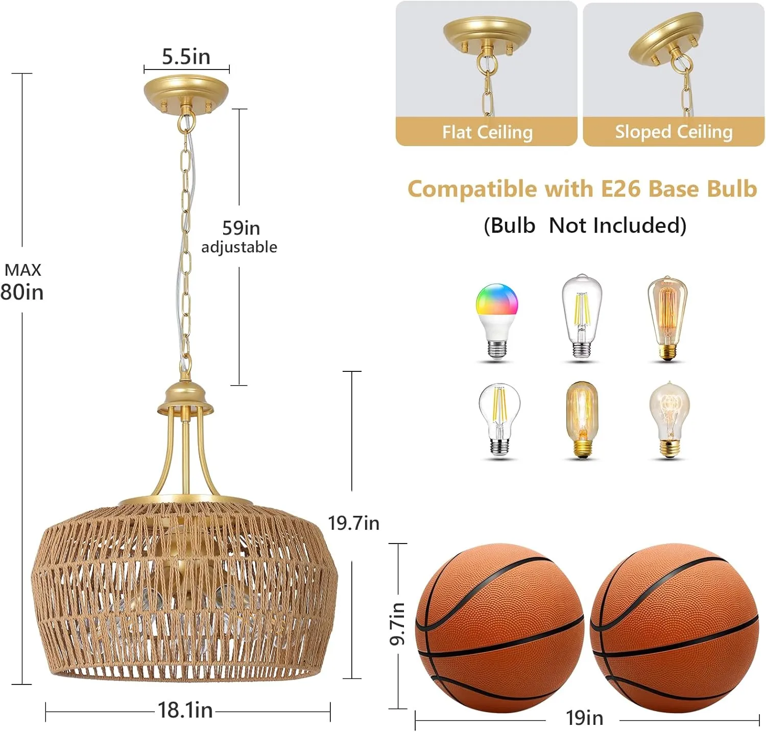 Gold Rattan Chandelier for Dining Room, 5-Light Boho Dining Room Light Fixture with Wicker Lampshade, Large Brass Pendant Hanging Light, Farmhouse Kitchen Chandelier for Island Bedroom Living Room