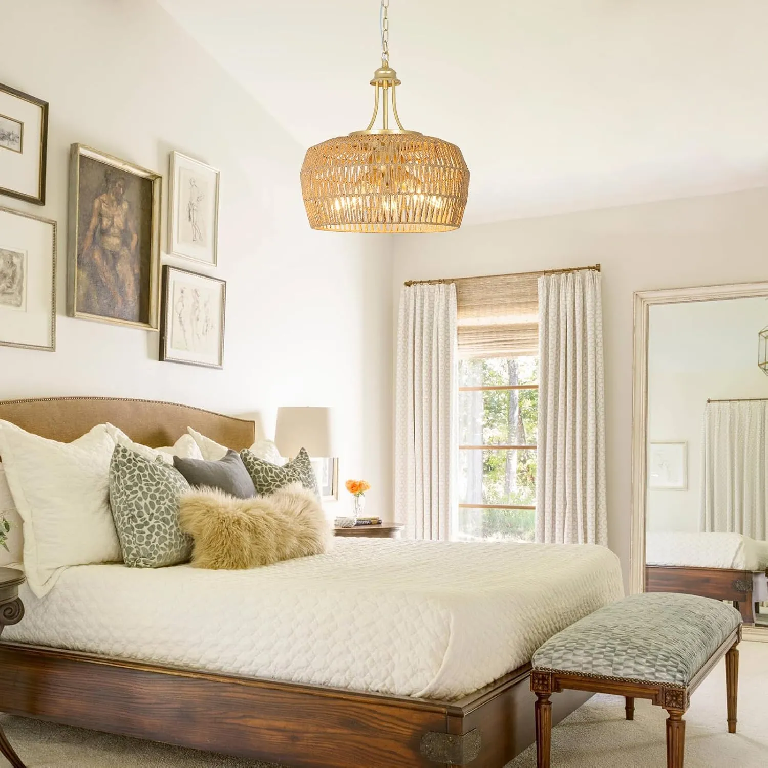 Gold Rattan Chandelier for Dining Room, 5-Light Boho Dining Room Light Fixture with Wicker Lampshade, Large Brass Pendant Hanging Light, Farmhouse Kitchen Chandelier for Island Bedroom Living Room
