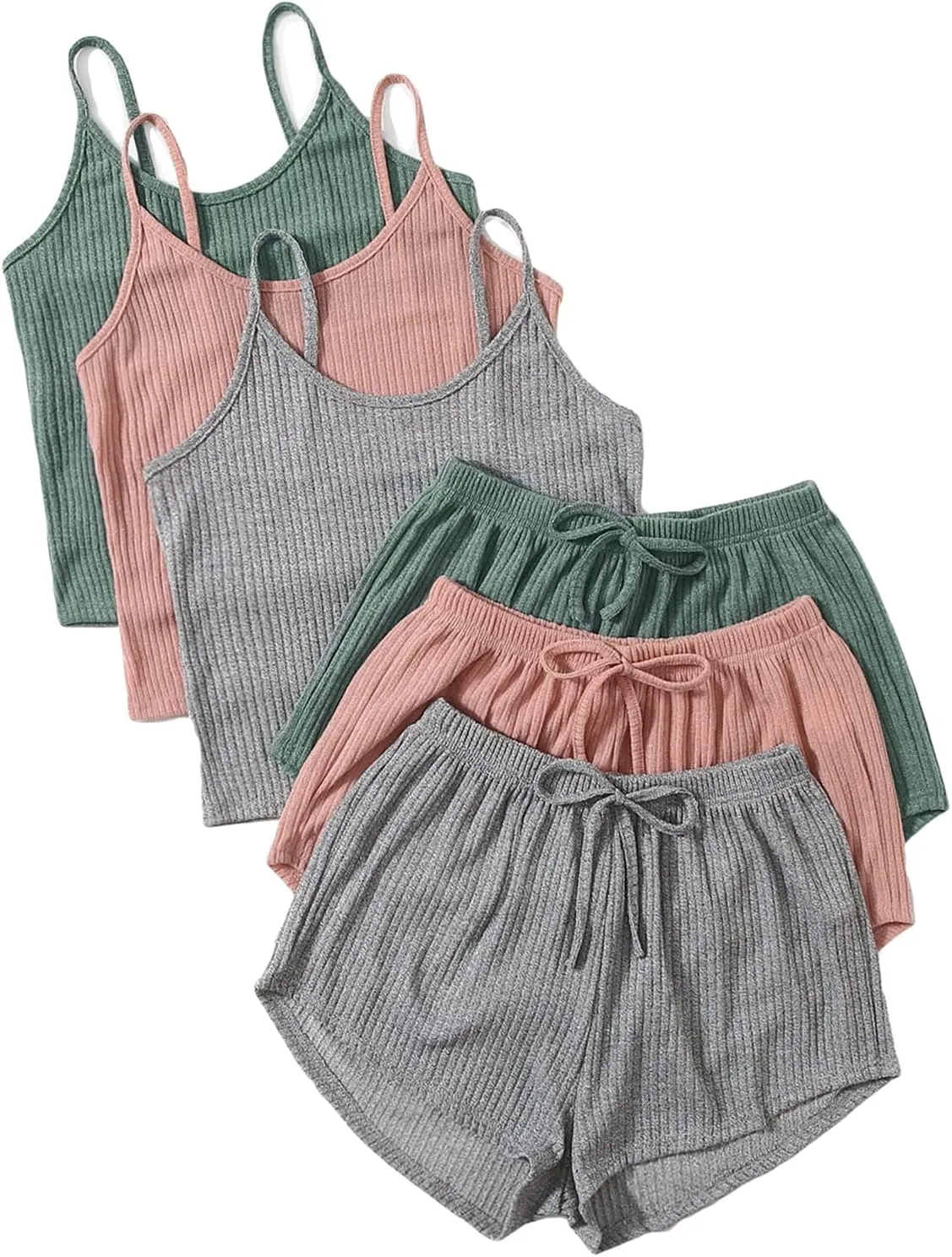GORGLITTER Women's 3 Sets Ribbed Pajamas Set Sleeveless Crop Top and Tie Front Shorts Lounge Set Sleepwear Loungewear