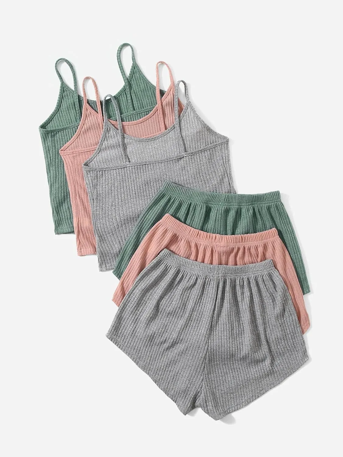 GORGLITTER Women's 3 Sets Ribbed Pajamas Set Sleeveless Crop Top and Tie Front Shorts Lounge Set Sleepwear Loungewear