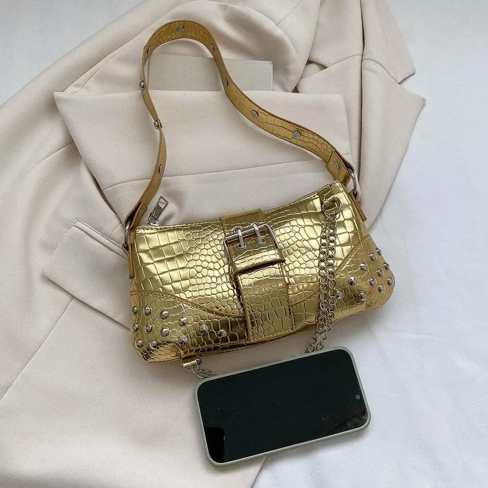 Gothic Punk Bag Cool Style Trendy Handbag Y2K Rivet Chain Women Shoulder Bag for Travel Vacation Daily