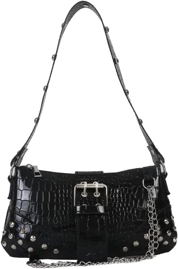 Gothic Punk Bag Cool Style Trendy Handbag Y2K Rivet Chain Women Shoulder Bag for Travel Vacation Daily