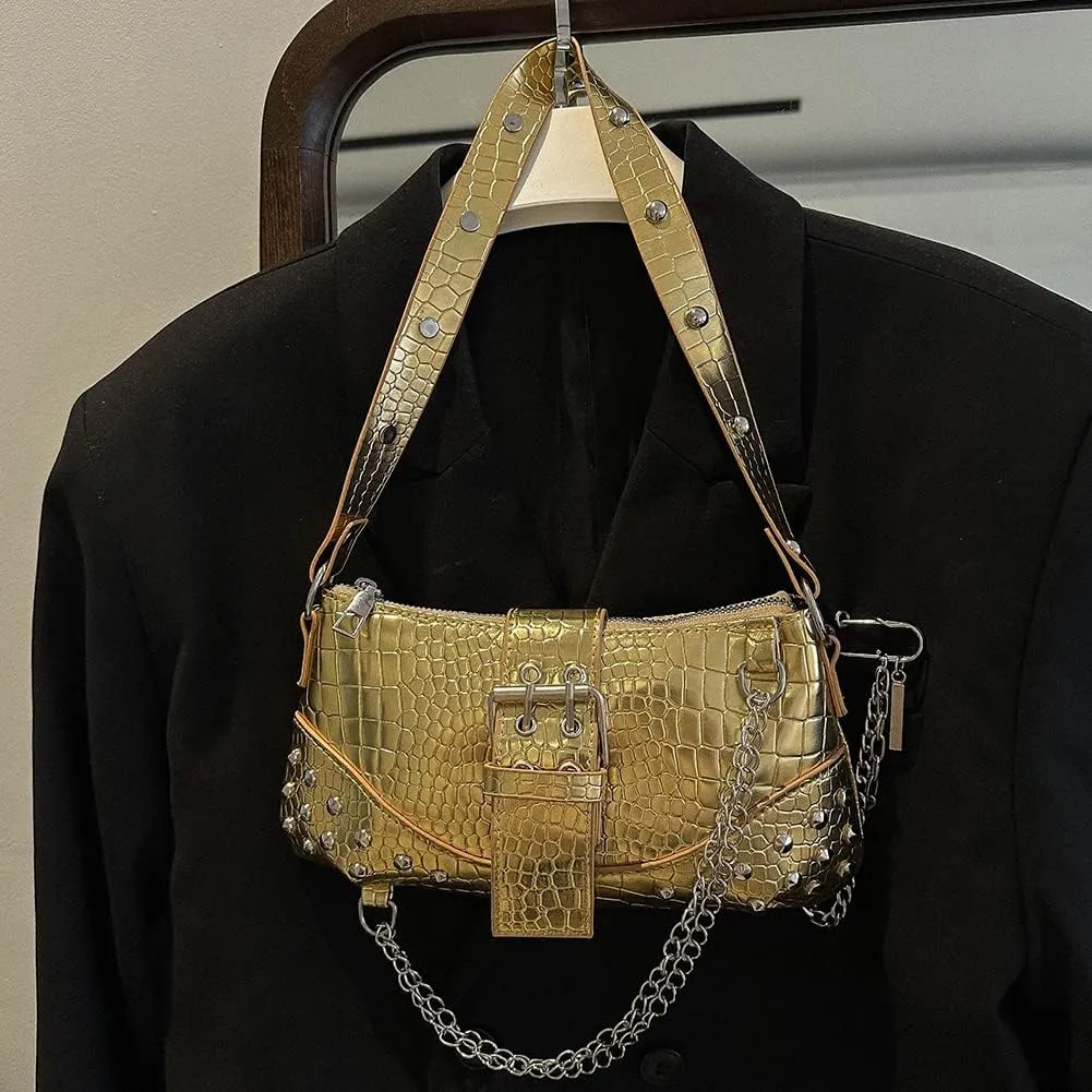 Gothic Punk Bag Cool Style Trendy Handbag Y2K Rivet Chain Women Shoulder Bag for Travel Vacation Daily