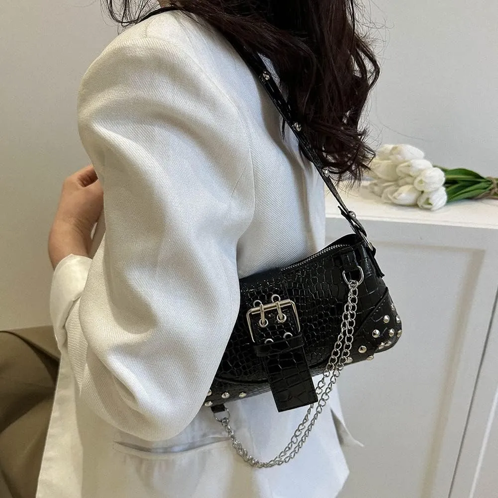 Gothic Punk Bag Cool Style Trendy Handbag Y2K Rivet Chain Women Shoulder Bag for Travel Vacation Daily