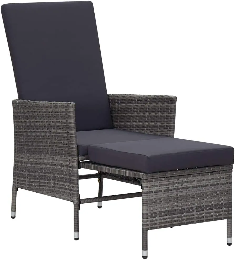 Gray Poly Rattan Reclining Patio Chair with Cushions and Built-in Footrest for Outdoor Patio, Poolside, and Backyard Lounging