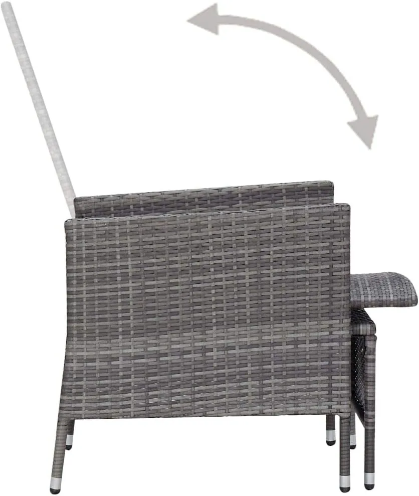 Gray Poly Rattan Reclining Patio Chair with Cushions and Built-in Footrest for Outdoor Patio, Poolside, and Backyard Lounging