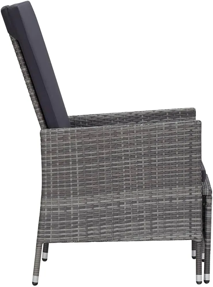 Gray Poly Rattan Reclining Patio Chair with Cushions and Built-in Footrest for Outdoor Patio, Poolside, and Backyard Lounging