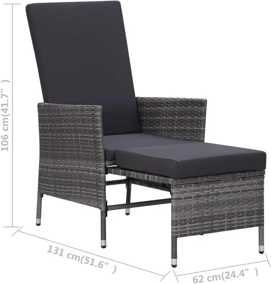 Gray Poly Rattan Reclining Patio Chair with Cushions and Built-in Footrest for Outdoor Patio, Poolside, and Backyard Lounging
