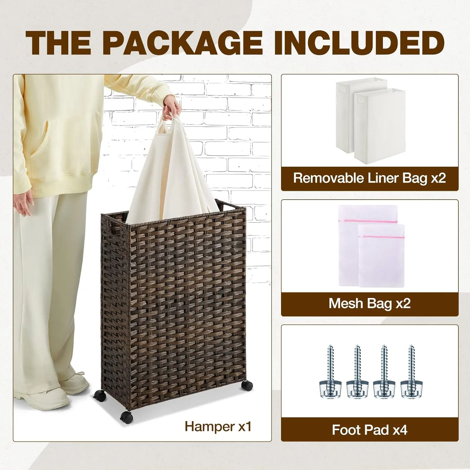Greenstell Laundry Hamper with Wheels, 17.4 Gallon (66L) Slim Laundry Basket with 2 Removable Liner Bags & 2 Mesh Bags, Narrow Rattan Clothes Hamper for Bedroom, Laundry Room, Bathroom, Brown