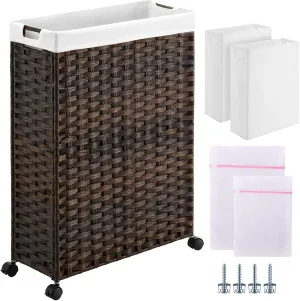 Greenstell Laundry Hamper with Wheels, 17.4 Gallon (66L) Slim Laundry Basket with 2 Removable Liner Bags & 2 Mesh Bags, Narrow Rattan Clothes Hamper for Bedroom, Laundry Room, Bathroom, Brown