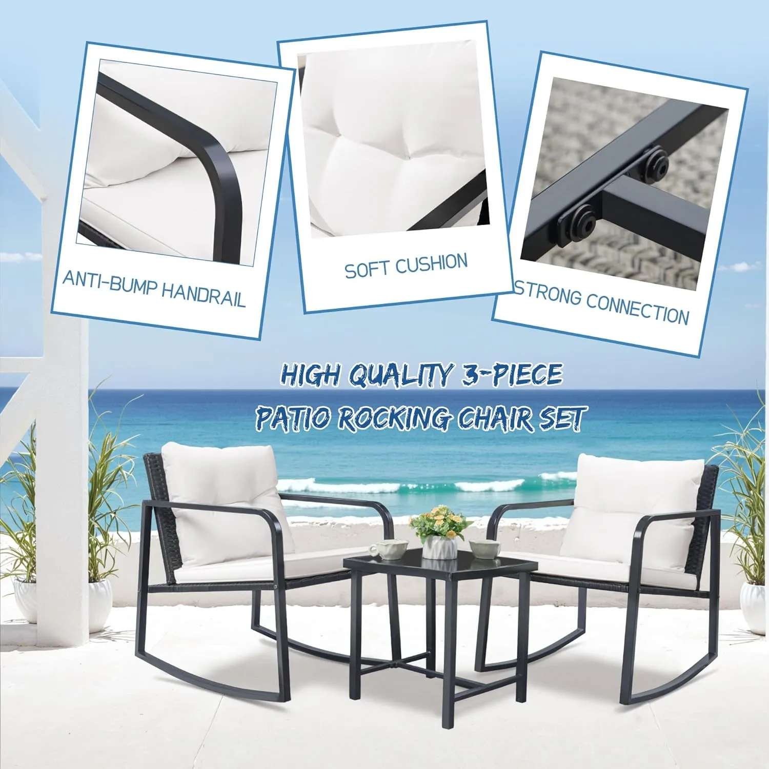 Greesum 3 Pieces Rocking Wicker Bistro Set, Patio Outdoor Furniture Conversation Sets with Porch Chairs and Glass Coffee Table, Beige
