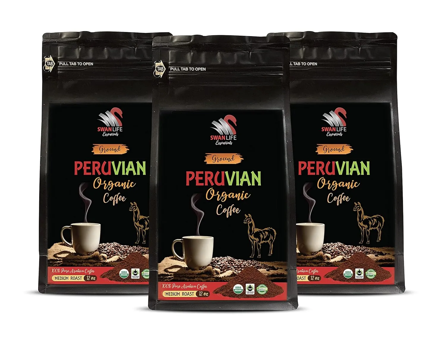 ground coffee gift - PERUVIAN GROUND ORGANIC COFFEE, fair trade, 100% arabica, medium roast, low acidity - peru medium roast coffee, 3 Bags (36 OZ)
