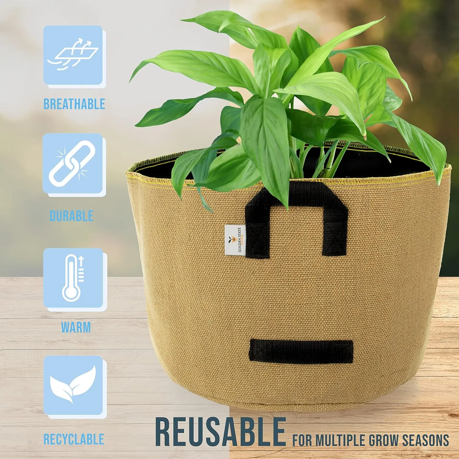 Grow Bags: 5-Pack (Size: 25 Gallon): Thick Jute Material   Inside Felt Fabric Liner, w/Yellow Stitch. Very Biodegradable and eco-Friendly Material. (Handles   Dumping Handles-pat.Pend).