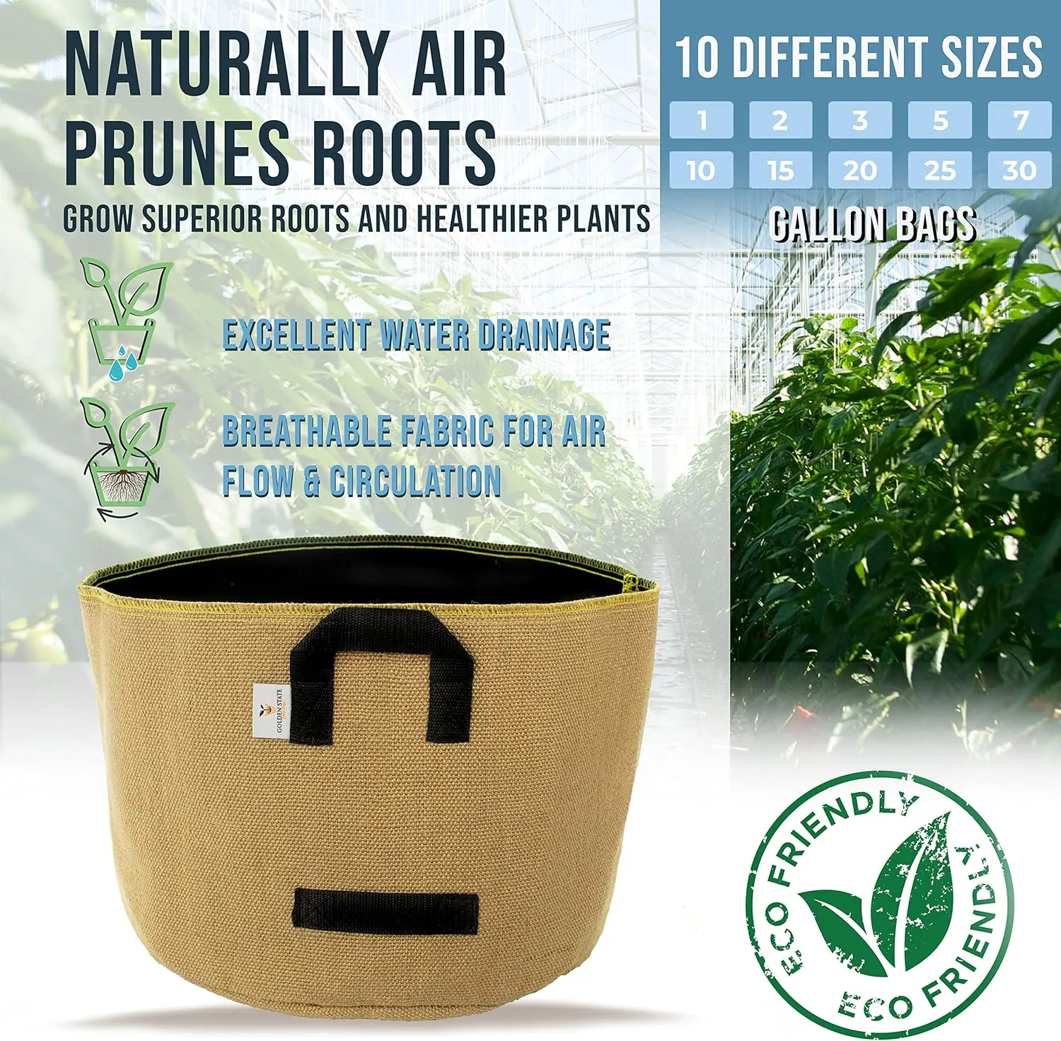 Grow Bags: 5-Pack (Size: 25 Gallon): Thick Jute Material   Inside Felt Fabric Liner, w/Yellow Stitch. Very Biodegradable and eco-Friendly Material. (Handles   Dumping Handles-pat.Pend).