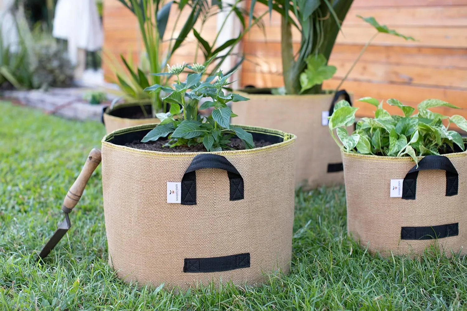 Grow Bags: 5-Pack (Size: 25 Gallon): Thick Jute Material   Inside Felt Fabric Liner, w/Yellow Stitch. Very Biodegradable and eco-Friendly Material. (Handles   Dumping Handles-pat.Pend).