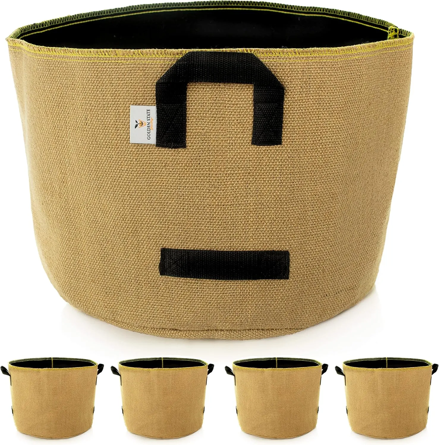 Grow Bags: 5-Pack (Size: 25 Gallon): Thick Jute Material   Inside Felt Fabric Liner, w/Yellow Stitch. Very Biodegradable and eco-Friendly Material. (Handles   Dumping Handles-pat.Pend).