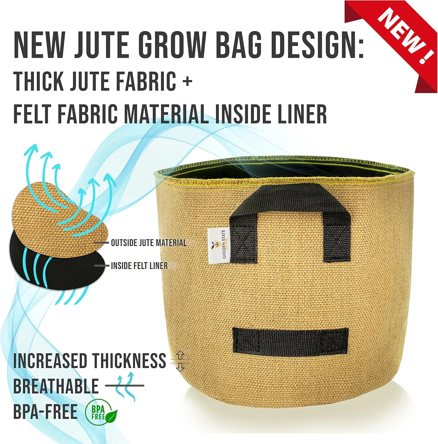 Grow Bags: 5-Pack (Size: 25 Gallon): Thick Jute Material   Inside Felt Fabric Liner, w/Yellow Stitch. Very Biodegradable and eco-Friendly Material. (Handles   Dumping Handles-pat.Pend).