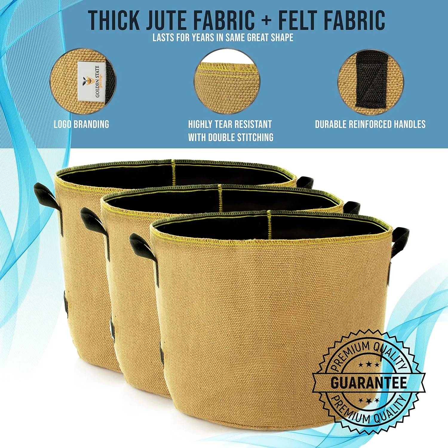 Grow Bags: 5-Pack (Size: 25 Gallon): Thick Jute Material   Inside Felt Fabric Liner, w/Yellow Stitch. Very Biodegradable and eco-Friendly Material. (Handles   Dumping Handles-pat.Pend).