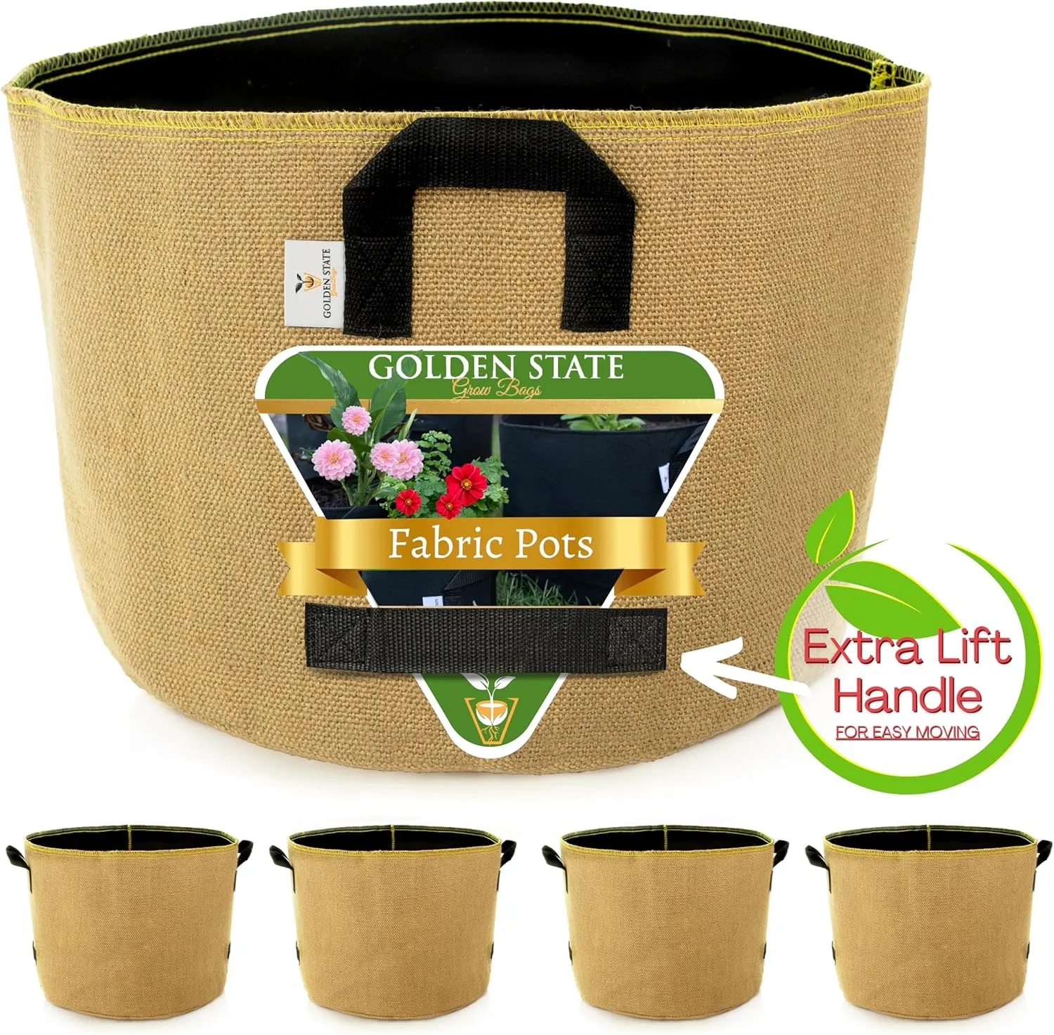 Grow Bags: 5-Pack (Size: 25 Gallon): Thick Jute Material   Inside Felt Fabric Liner, w/Yellow Stitch. Very Biodegradable and eco-Friendly Material. (Handles   Dumping Handles-pat.Pend).