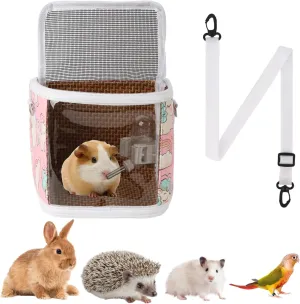 Guinea Pig Carrier Bag with Water Bottle，Travel Portable Small Animal Carrier Sling Pouch, Clear Window Carrier Backpack for Hamster Bunny Gerbil Hedgehog Sugar Glider Lizard Bird.(Pink)